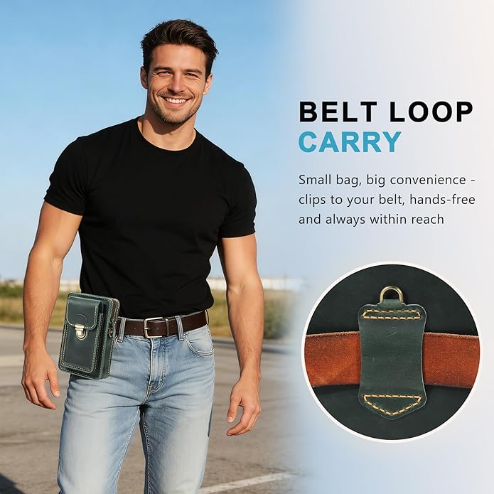 Handmade Genuine Leather Crossbody Phone Bag, Small Belt Pouch with Card Slots, Slim Phone Holster Case for Men & Women