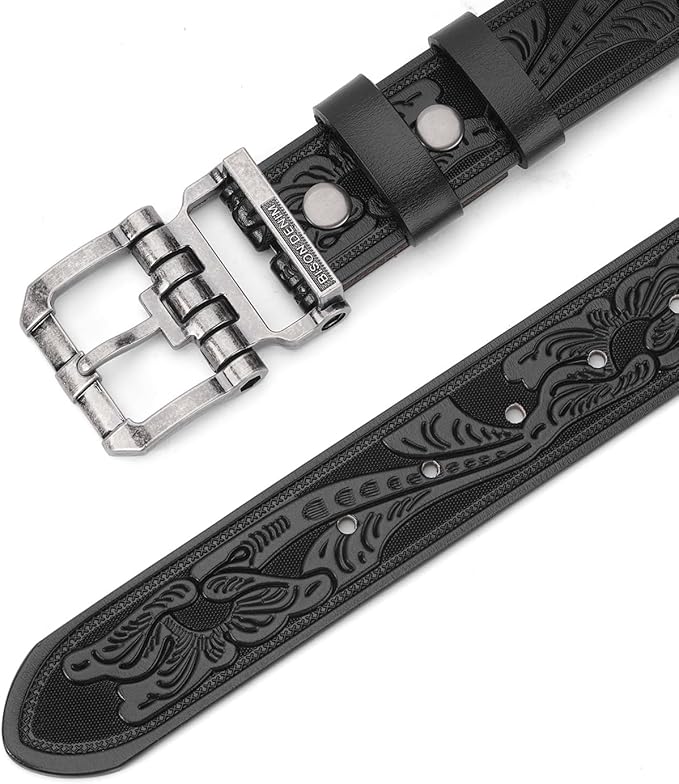 BISON DENIM Men's Genuine Leather Casual Belt, Classic Western Cowboy Dress Belts