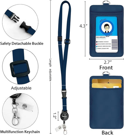 bolimoss Badge Holder with Lanyard, Leather ID Name Badge Card Holder with Retractable Reels Safety Quick Release Buckles and Adjustable Lanyard Straps for Teacher Student Nurse Doctor Navy Blue