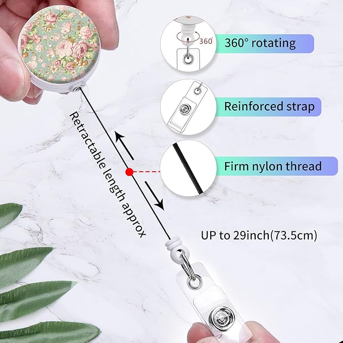 2 Pack Badge Reels Holder Retractable with ID Clip for Nurse Name Tag Card Nursing for Doctor Teacher Student Employee Office Medical Work (Cute Green Flower)