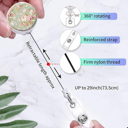 2 Pack Badge Reels Holder Retractable with ID Clip for Nurse Name Tag Card Nursing for Doctor Teacher Student Employee Office Medical Work (Cute Green Flower)