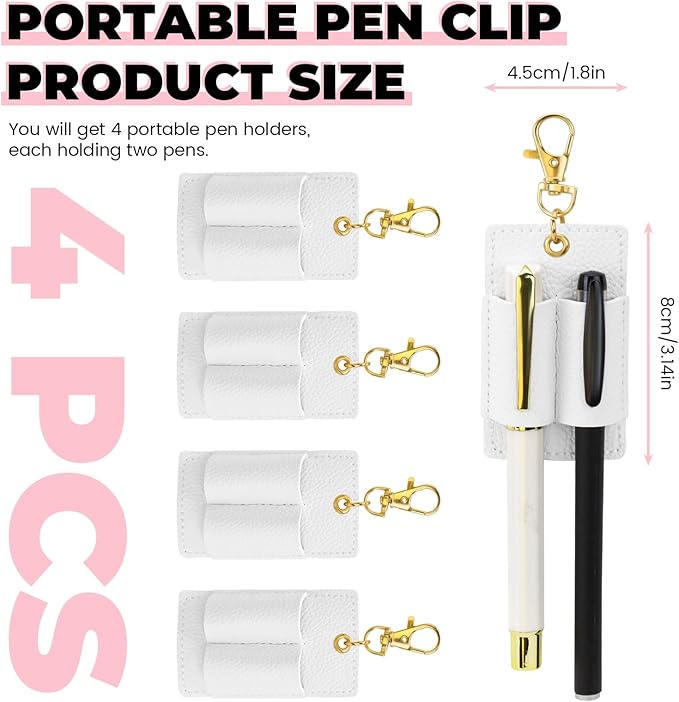 LELE LIFE 4 Pack Double Pen Holder for Lanyard, Anti-Lost Pen Clip for Retractable Badge Reel & Neck Lanyard, Pocket PU Leather Keychain for Nurse Clerk, White