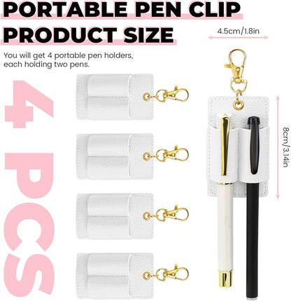 LELE LIFE 4 Pack Double Pen Holder for Lanyard, Anti-Lost Pen Clip for Retractable Badge Reel & Neck Lanyard, Pocket PU Leather Keychain for Nurse Clerk, White