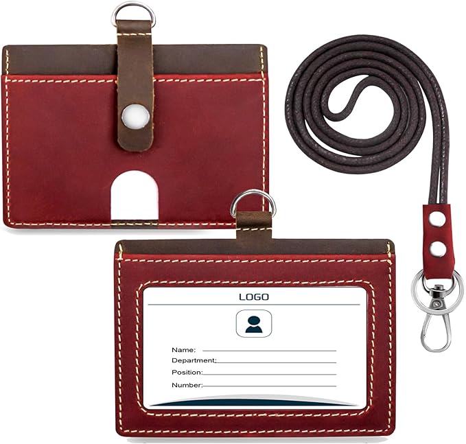 Badge Holder: Boshiho Cowhide Leather ID Badge Card Holder with 19" Neck Lanyard, Horizontal Style (Red)