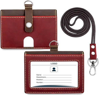 Badge Holder: Boshiho Cowhide Leather ID Badge Card Holder with 19" Neck Lanyard, Horizontal Style (Red)