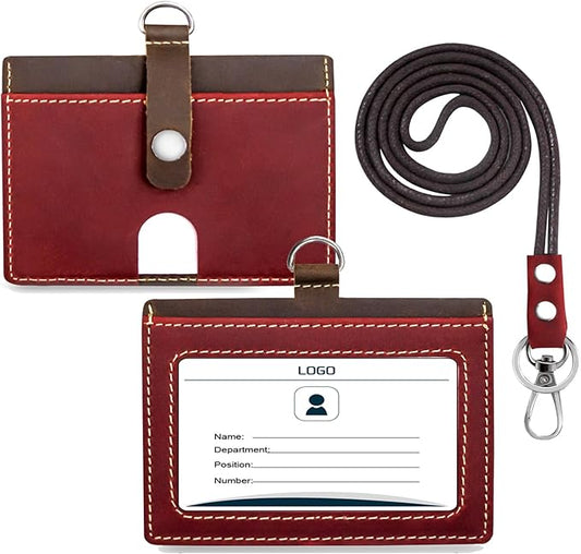 Badge Holder: Boshiho Cowhide Leather ID Badge Card Holder with 19" Neck Lanyard, Horizontal Style (Red)