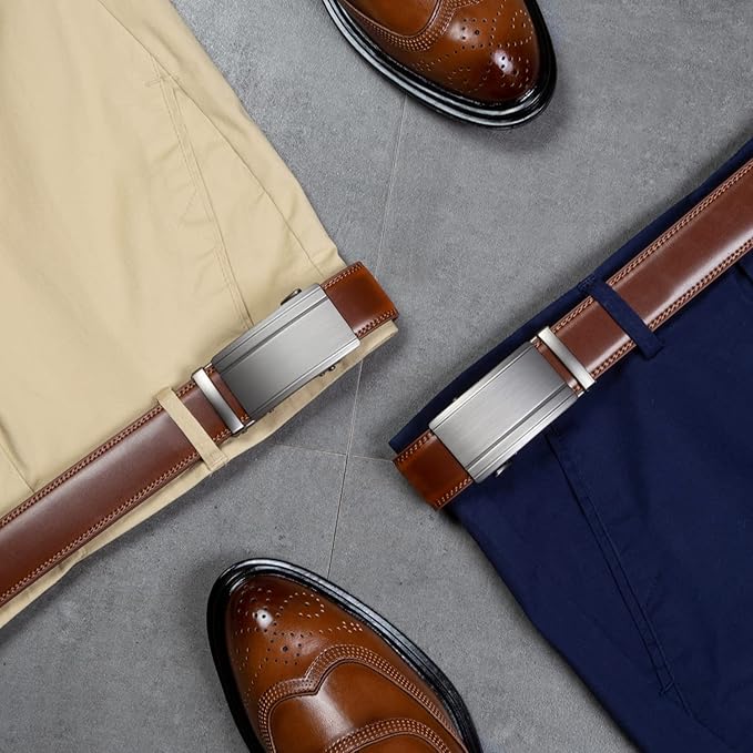 Founders & C Mens Belt 2 Pack,Leather Ratchet Click Belt Dress with Slide Buckle 1 3/8" in Gift Set Box- Size Adjustable