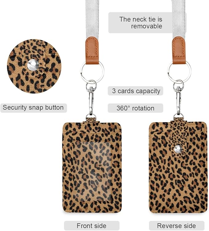 Moudou Leopard ID Badge Holder with Lanyard, Vertical Leather ID Badge Card Holder for Office Staff, School Teacher and Student