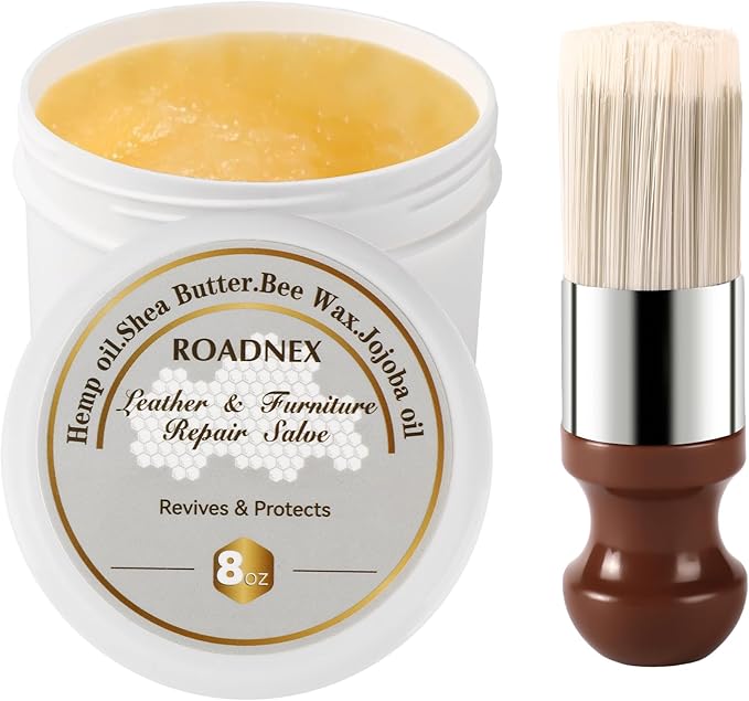 Leather Repair Salve & Brush Set, Leather Cleaner and Conditioner for Furniture, Couch, Car Seats - Scratch Repair, Restore Color, UV Protection, for Leather, Vinyl & Wood - 8oz