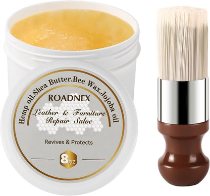 Leather Repair Salve & Brush Set, Leather Cleaner and Conditioner for Furniture, Couch, Car Seats - Scratch Repair, Restore Color, UV Protection, for Leather, Vinyl & Wood - 8oz