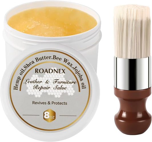 Leather Repair Salve & Brush Set, Leather Cleaner and Conditioner for Furniture, Couch, Car Seats - Scratch Repair, Restore Color, UV Protection, for Leather, Vinyl & Wood - 8oz