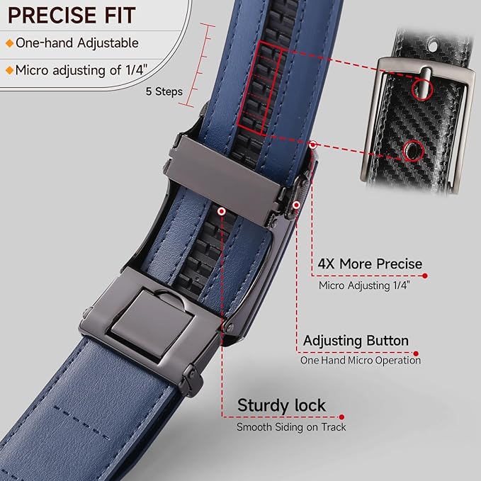 GAEKEAO Ratchet Belts for Men Dress Casual 1 3/12" Adjustable Genuine Leather Slide Buckle Designer Belt with Box Trim to Fit
