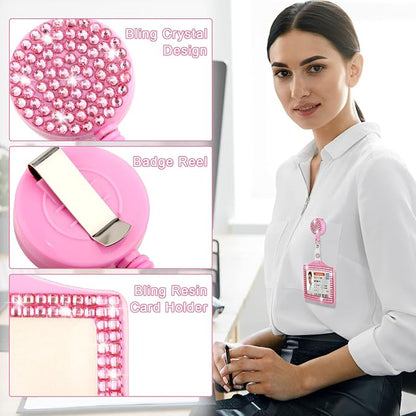 4 Pieces Bling ID Badge Holder Rhinestones Badge Holder Rhinestone ID Small Reel Rhinestone Cute Bling Crystal Reel Card for Office Business Home