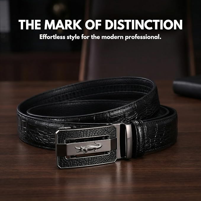 Luxury Crocodile Pattern Leather Belt with Automatic Buckle, Black and Brown, Gold and Gunmetal Buckle, Ratchet Design