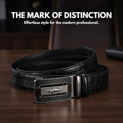 Luxury Crocodile Pattern Leather Belt with Automatic Buckle, Black and Brown, Gold and Gunmetal Buckle, Ratchet Design