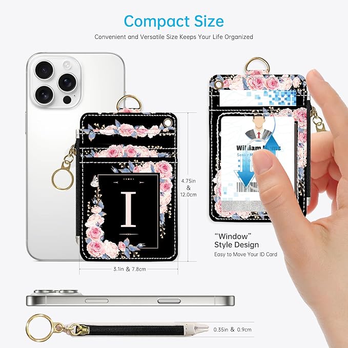A-Z Letter 2-in-1 ID Badge Holder & Lanyard Wallet for Teachers,Nurse,Professionals-Cute Zippered Coin Pouch,Removable Wristlet & Neck Lanyard,5 Card Slots Stylish Work Essential I