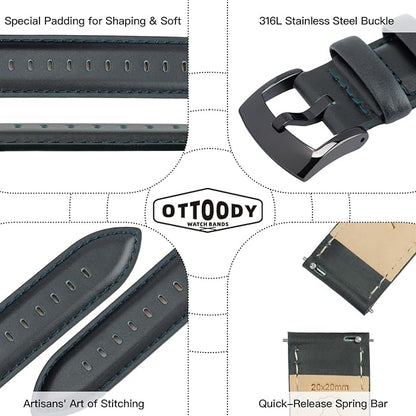 OTTOODY Leather Watch Bands Quick Release, Elegant Top Grain Leather Watch Straps for Men & Women, Choice of Color & Width - 18mm, 19mm, 20mm, 21mm or 22mm Wristbands Bracelet for Watch & Smartwatch