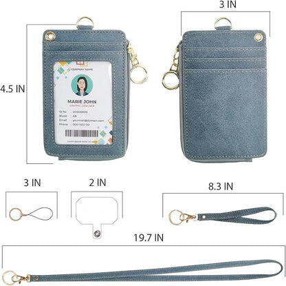 bolimoss Blue Lanyard Wallet for ID Badges with Long Neck Lanyards and Wristlet Strap, Badge Holder Case with Zipper Pocket for Offices ID, School ID, Driver Licence,Travel Cruise Ship Cards