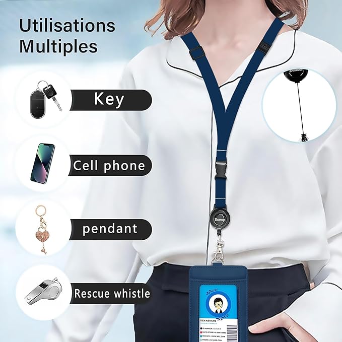 bolimoss Badge Holder with Lanyard, Leather ID Name Badge Card Holder with Retractable Reels Safety Quick Release Buckles and Adjustable Lanyard Straps for Teacher Student Nurse Doctor Navy Blue