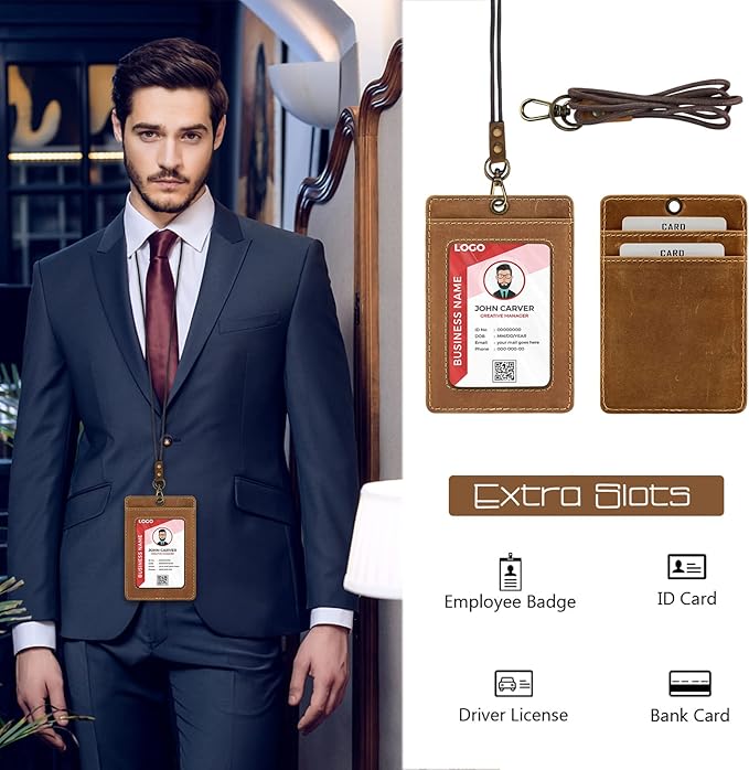 Boshiho Vertical Style Cowhide Leather ID Card Badge Holder with Heavy Duty Lanyard (Crazy Horse Leather)