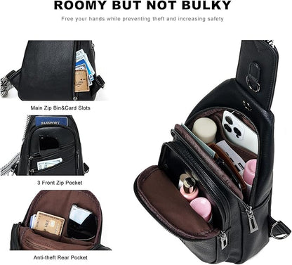 Leresas 7L Crossboydy Sling Bag for Women Vegan Leather Crossbody Purse Fanny Pack Chest Bag for Travel,Black