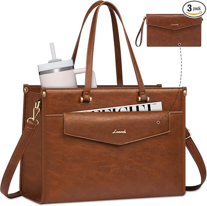 LOVEVOOK Laptop Bag for Women, 15.6'' Laptop Tote Purse 2-in-1 Professional Work Bag Business Briefcase with Clutch Purse, Waterproof Vintage Leather Computer Handbag for Teacher Office Travel