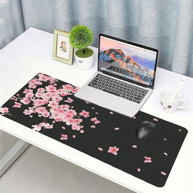 Pink Cherry Blossoms Desk Mat, Classic PU Leather Desk Pad for Women - Large Non-Slip Office Mat for an Elegant Gaming & Home Workspace（31.5 * 15.75in）
