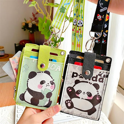 2 Pack Panda ID Badge Holder with Lanyard,Cute Work Badge Wallet with Zipper Pocket,3 Card Slots & Detachable Keychain for Nurse Teacher Student Office Staff
