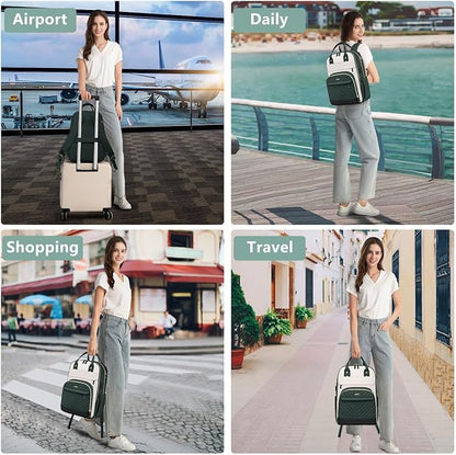 Laptop Backpack for Women Work Bag - 15.6 inch Travel Backpack with USB Charger Business Computer Backpacks for Work College Back pack for Teacher Casual Waterproof Bookbag for Nurses Beige Green