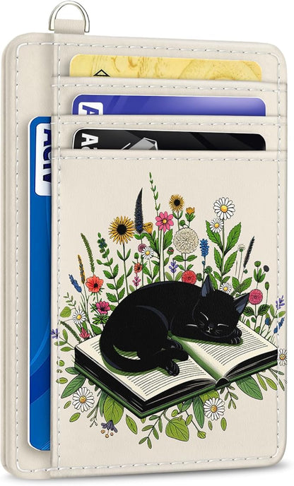 Yonlevres Credit Card Holder Slim Wallet, Floral Cat RFID Wallet Women Front Pocket Small Card Holder, Travel Cute Funny Thin RFID Blocking Case Organizer ID Window PU Leather Gifts