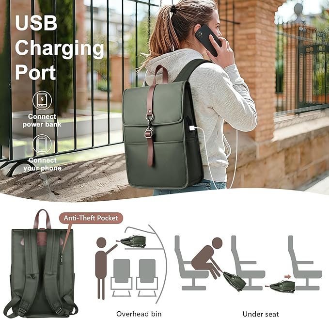 Laptop Backpack for Men Women, Slim Work Travel Backpack with USB Charging Port, Lightweight Computer College Backpack Bag, Vintage Commuter Casual Daypack Fits 15.6 Inch Laptop -Green