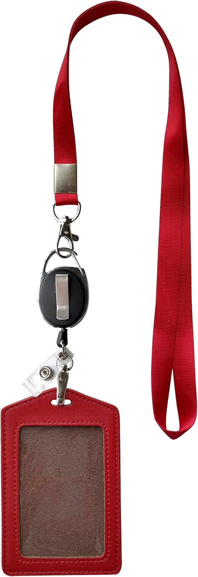 ID Card Case + Heavy Duty Lanyard (Red)+ Badge Holder Retractable Reel Carabiner and Plastic Clip (Soft Genuine Leather Case)