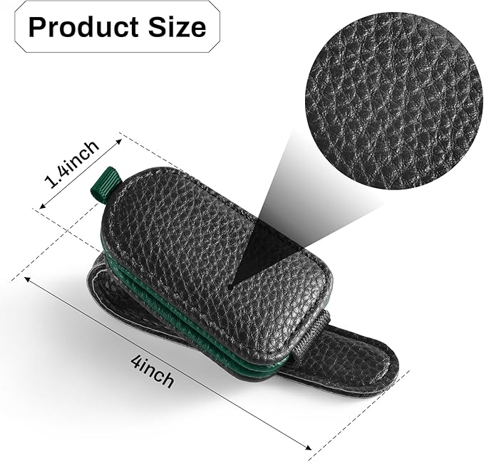 SINGARO Sunglasses Holder for Car, Leather Magnetic Buckle Sun Visor Sunglass Clip, Ticket Card Storage Glasses Clip, Car Interior Accessories for Men and Women（Black-Green）
