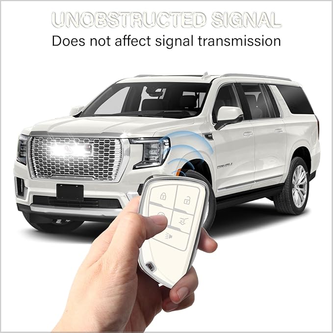 QBUC for Chevy Key Fob Cover with Keychain Soft TPU Protection Case Compatible with 2021-2026 Chevy Equinox Blazer Tahoe Suburban GMC Yukon Denali Silverado 5-Buttons(Chrome Trim White)