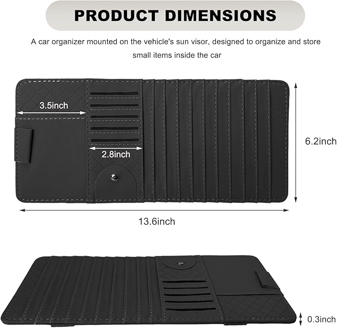 Sun Visor CD Case Holder for Car, Leather Auto Visor DVD Storage Case with Card Slots & Pen Holder, Multi-Pocket Large Capacity CD Layered Organizer for Most Vehicles (Black)