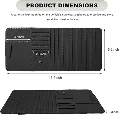 Sun Visor CD Case Holder for Car, Leather Auto Visor DVD Storage Case with Card Slots & Pen Holder, Multi-Pocket Large Capacity CD Layered Organizer for Most Vehicles (Black)