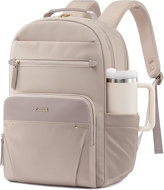 LOVEVOOK Laptop Backpack for Women with Leather Trim & Tumbler Pockets, 15.6" Work Backpack Purse, Travel Personal Item Bag, Carry On Business Computer Bag for Office, School, or Gift, Soft Milk