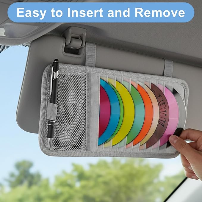 1 Pcs Car CD Holder, Car Sun Visor Storage DVD Disc Holders Pocket Case Organizer with 12 DVD Storage Sleeves, one Mesh Pocket, one Pen Holder, and Elastic Strap (Gray)