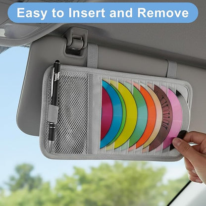 1 Pcs Car CD Holder, Car Sun Visor Storage DVD Disc Holders Pocket Case Organizer with 12 DVD Storage Sleeves, one Mesh Pocket, one Pen Holder, and Elastic Strap (Gray)