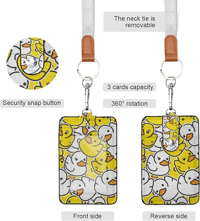Badge Holder, Rubber Duck Yellow White PU Leather School College Business ID Badge Card Holder Wallet Case with 1 Clear Window, 2 Credit Card Slots and Detachable Neck Lanyard - Vertical