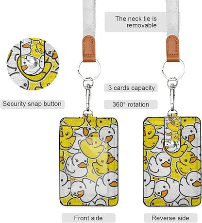 Badge Holder, Rubber Duck Yellow White PU Leather School College Business ID Badge Card Holder Wallet Case with 1 Clear Window, 2 Credit Card Slots and Detachable Neck Lanyard - Vertical