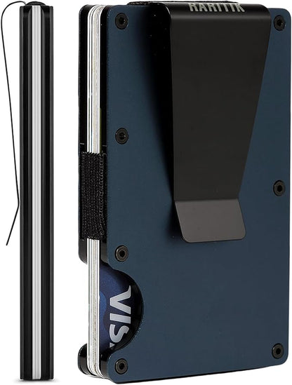 Minimalist Carbon Fiber Wallet for Men, Money Clip Cash Strap Wallet, RFID Blocking Metal Wallet Aluminum Card Holder,Front Pocket Wallet(Matte Navy Blue)
