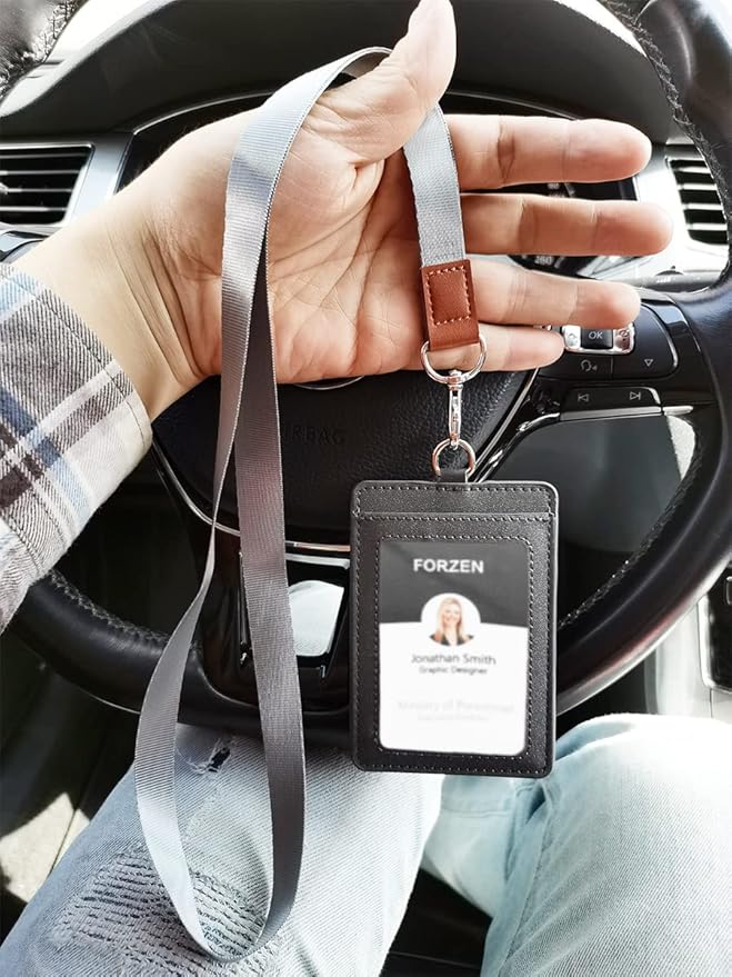 Leather Badge Holder, Vertical ID Card Holder with Clear Window, 2 Elastic Card Slots & Detachable Lanyard for Offices, School (Gray)