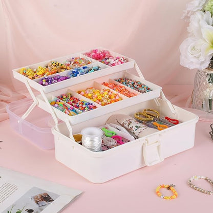 Plastic Tool Box with Handle 3-Layer Craft Organizers Tackle Box Multipurpose Portable Folding Toolbox for Sewing Supplies, Medicine, Art Supplies, Nails and Hair Accessories White 12.5inch