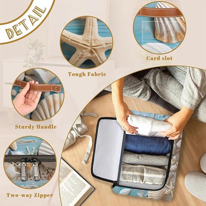 Ocean Shells Starfish Storage Bins With Zipper Lid, Collapsible Trunk Organizer, Car Organizers and Storage Bins with Lids, Decorative Storage Boxes with Handle, Home Storage Baskets for Organizing