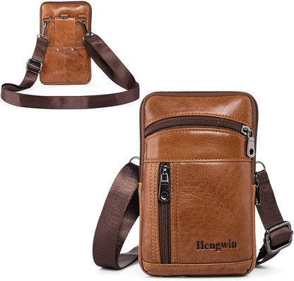 Hengwin Leather Phone Holster Fits for iPhone 16 15 14 13 12 11 Pro Max Samsung Galaxy S25 Ultra S24 Ultra S23+ A15 Wallet Case with Belt Clip Pouch Crossbody Cell Phone Purse Men Shoulder Bag (Brown)