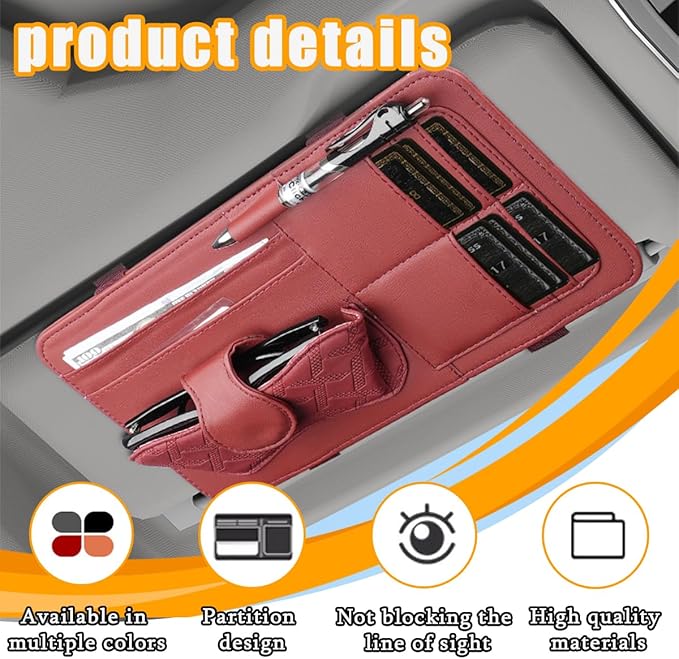 Car Sun Visor Organizer, Leather Multi Pocket Vehicle Visor Storage Pouch for Sunglasses Card License, Multifunctional Auto Interior Organization Accessories, Universal Fit (Wine Red)