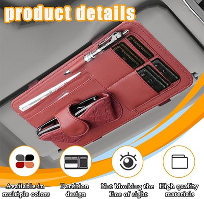 Car Sun Visor Organizer, Leather Multi Pocket Vehicle Visor Storage Pouch for Sunglasses Card License, Multifunctional Auto Interior Organization Accessories, Universal Fit (Wine Red)