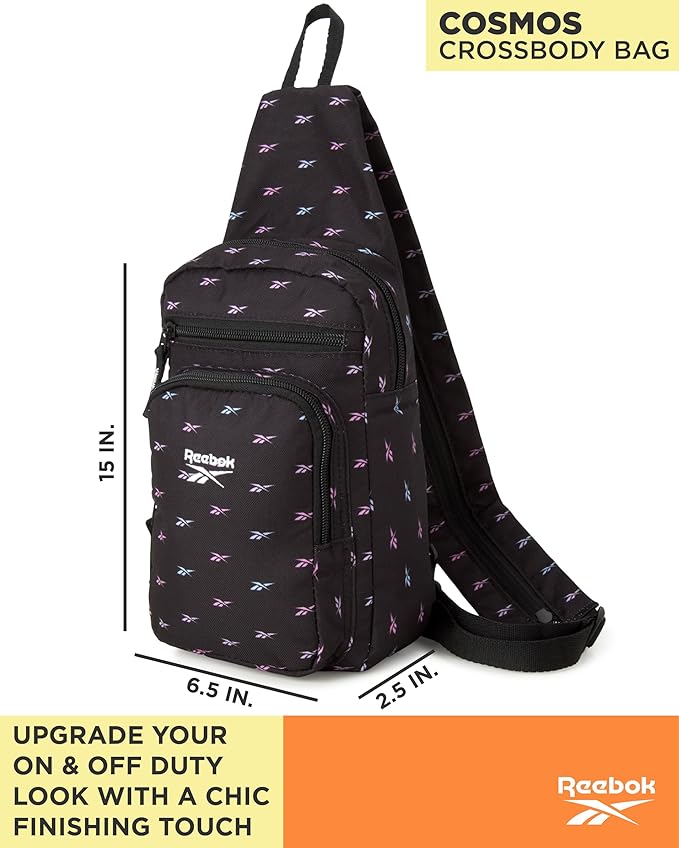 Reebok Unisex Crossbody Sling Bags – Compact Convertible Strap Cross Body Bag Travel Sling Bag - Gym & Travel Essential, Cosmos Black Ombre