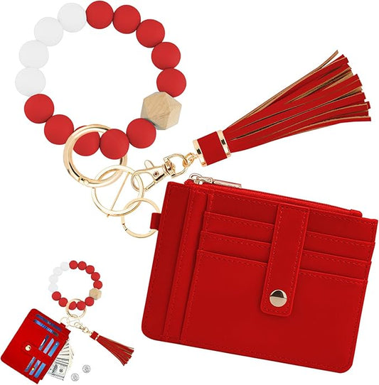 KNGITRYI Wallet Keychain Wristlet for Women,Slim RFID Credit Card Holder Purse Tassel Keychain Bangle Key Ring for Men Women